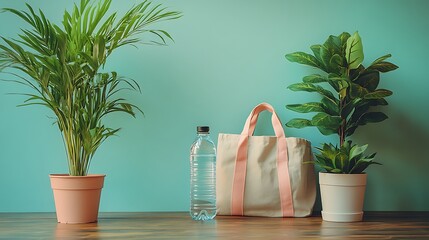 Still life featuring plants, a tote, and a water bottle against teal wall