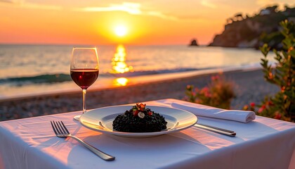Elegant dining at sunset plate wine glass and beach background