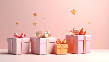 Four pastel gift boxes with golden ribbons and stars
