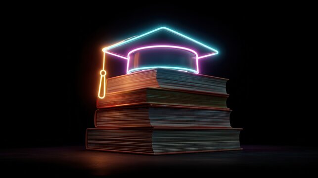 A glowing neon graduation cap sits atop a stack of books against a black background, symbolizing creativity in education and the celebration of academic achievements.