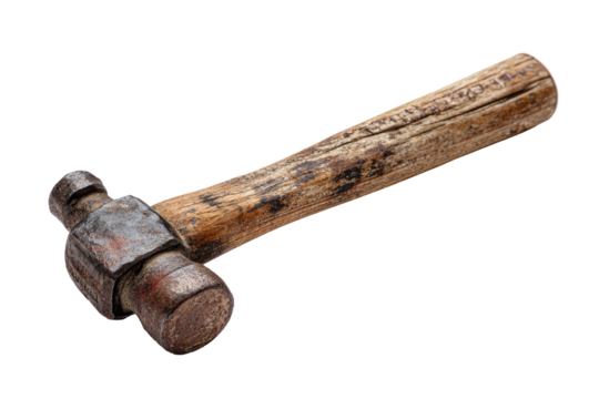 Aged hammer with weathered wooden handle.  Metal head shows signs of use