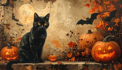 Black cat, Halloween scene, pumpkins, bats, autumn