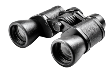 Close-up of black binoculars.  Focused on optical instruments,  rubberized casing, and adjustable focus