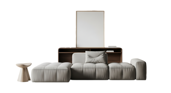 Modern living room arrangement featuring a modular sofa with a neutral color palette, complemented by a wooden side table and a console table with a picture frame, all isolated on transparent backgrou