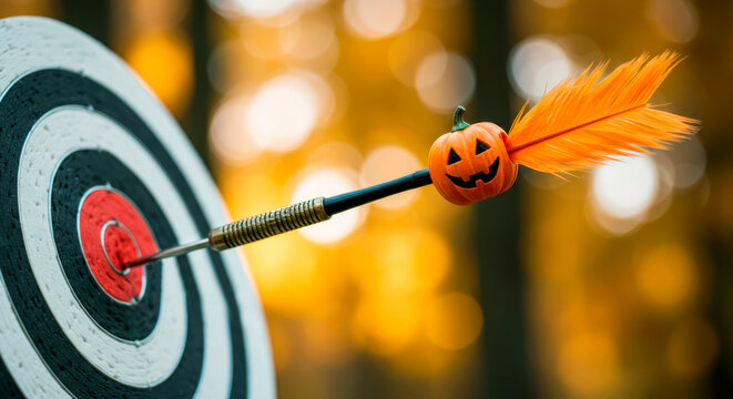 A fun darts game for Halloween. Hitting a pumpkin dart into a round target on the background of an autumn park. Happy Halloween Day