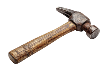 Close-up of a vintage claw hammer. Dark gray metal head, light brown wooden handle. Tool angled slightly. Visible texture on both head and handle