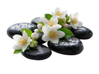 Smooth, dark stones adorned with delicate white flowers and buds