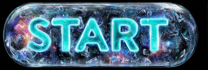 A glowing start button with an icy surface, illuminated in bright blue, surrounded by cosmic elements and a colorful background, creating a vibrant atmosphere.