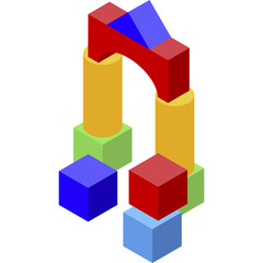 Obraz premium Building blocks architecture arch shape with red blue yellow and green blocks isolated on white background isometric view