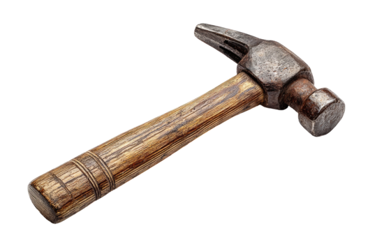 Close-up of a vintage claw hammer.  Dark gray metal head, light brown wooden handle.  Tool angled slightly.  Visible texture on both head and handle - Powered by Adobe