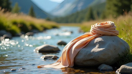 Eco-luxury silk scarf draped on river stone in alpine meadow