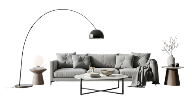 Stylish living room setup featuring a gray sofa, arc lamp, and coffee table, creating a modern and inviting space, isolated on transparent background ideal for showcasing interior design