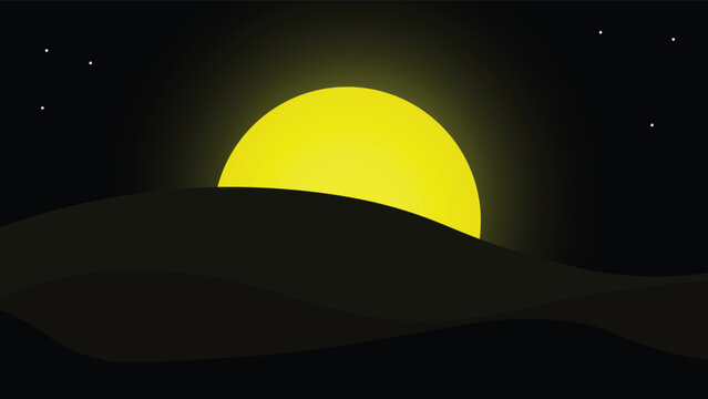 Illustration of full moon, black sky and mountain view