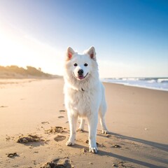 Fluffy white dog on a sandy beach, sunlit