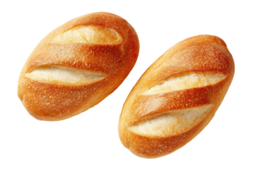 Two oval-shaped loaves of bread, light golden brown, with diagonal scored tops