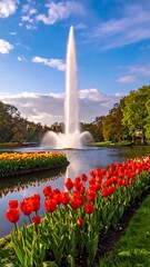 A vibrant fountain in a park filled with tulips