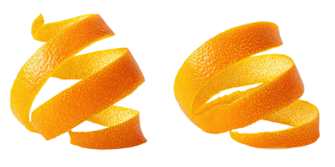 Two spirals of vibrant orange citrus peel, isolated on black.  A close-up view highlights the textured peel, meticulously zested into tight curls.  