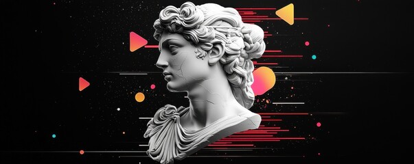 3D Roman sculpture head with abstract glitch art on black background