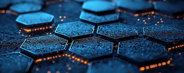 Blue geometric hexagons and glowing connections in a digital network