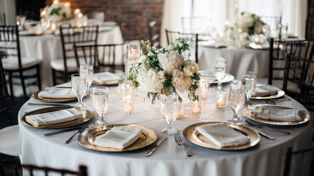 elegantly set round table for wedding reception, gala, or formal dinner. Luxurious setting includes white tablecloths, gold charger plates, crystal glasses, white floral centerpiece, glowing candles - Powered by Adobe