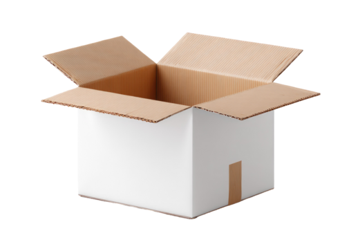 Open cardboard box, light beige exterior, white interior