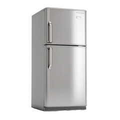 A light gray, two-door refrigerator stands upright.  Its surface is smooth and reflective.  Two chrome handles are on the doors