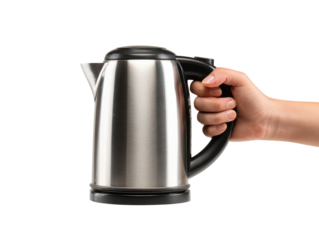 A hand holds a stainless steel electric kettle (1)