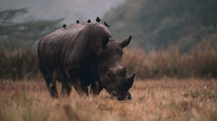 A rhinoceros grazes peacefully in a dry grassy field with several small birds perched on its textured back