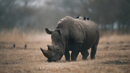 Fototapeta premium A large rhinoceros grazes in a dry grassy field with small birds perched on its back