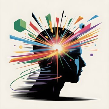 Human head silhouette exploding into colorful light trails and geometric shapes, symbolizing creativity and ideas, vector contour art, white background