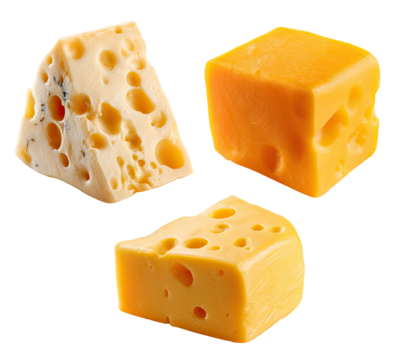 Three cheese wedges, two pale yellow/cream and one orange/yellow