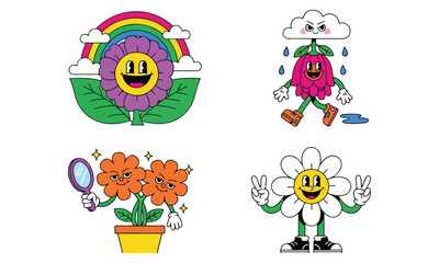 Fototapeta premium Retro Cartoon Flowers – Happy Daisy Characters, Rainbow Art & Groovy Vintage Design