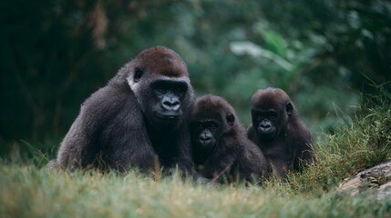 Obraz premium A gorilla family including an adult and two young primates rests peacefully in a lush natural habitat surrounded by greenery