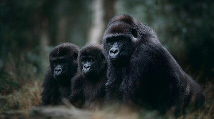 A gorilla family an adult and two young rests together in a lush forest habitat