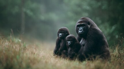Naklejka premium A family of gorillas rests peacefully in a misty rainforest clearing with a protective adult and two young ones
