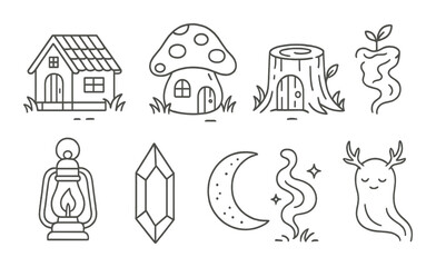 Whimsical forest doodles: house, mushroom, stump, apple, lantern, crystal, moon, spirit, deer
