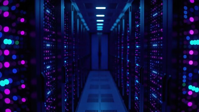 Futuristic Data Center Server Room with Neon Lights.