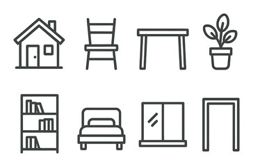 Minimalist icon set of home furniture and decor elements on grayscale background