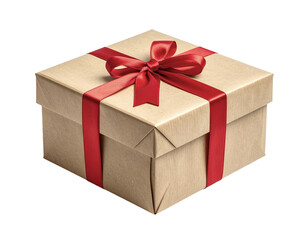 Kraft Gift Box with Red Satin Ribbon – Realistic Isolated PNG on Transparent Background