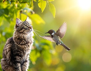 Feline gazes at a flying bird in golden sunlight and greenery