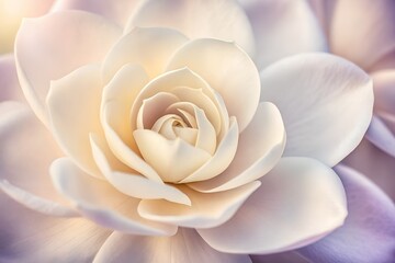 Dreamy artistic macro of white gardenia with pastel tones, creamy light, vintage film texture, and soft romantic fine art mood.
