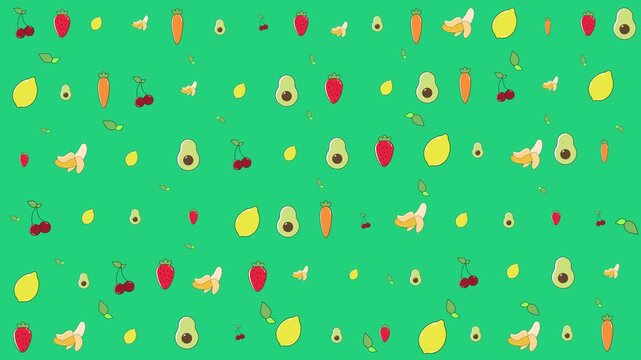 Bright fruit pattern vector featuring tropical fruits on dark green background. Modern seamless flat design for packaging, fabric, wrapping, and digital backgrounds.