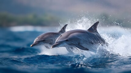 Fototapeta premium Two dolphins leap from the ocean surface creating a dramatic splash of water in a dynamic natural display