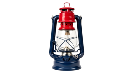 Vintage blue and red oil lantern with glass chimney and metal handle isolated on transparent background