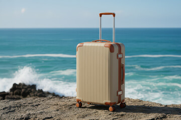 Beige travel suitcase with orange accents standing on rocky coast near blue ocean waves under clear sky, concept of vacation, summer travel, and adventure freedom