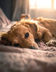 A golden-brown dog rests on a bed, bathed in sunlight