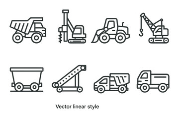 Monochrome construction equipment icons in linear vector style