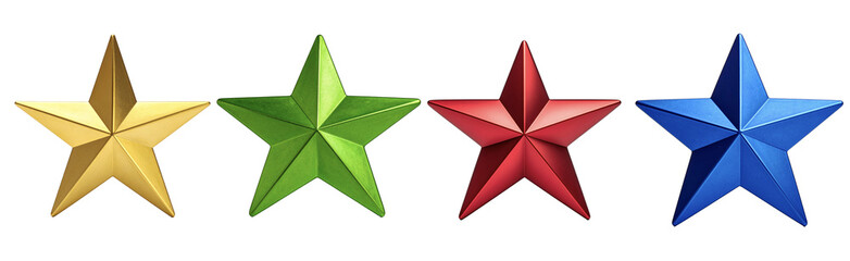 Set of 4 Colored 3D Stars – Gold Green Red Blue – Isolated PNGs on Transparent Background