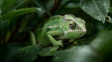 A vibrant green chameleon rests camouflaged amongst wet dewdropped leaves in its natural habitat