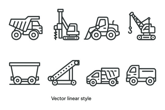 Monochrome construction equipment icons in linear vector style